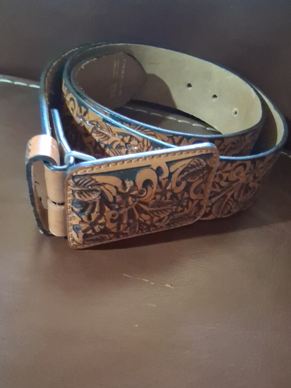 Hand-Tooled Floral Leather Belt - Brown